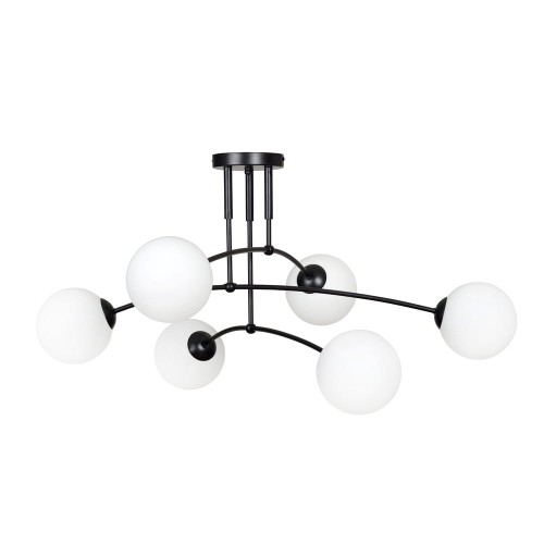 Czarna lampa z 6 kulkami do niskich salonów.