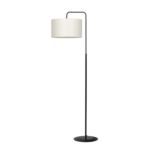 Czarna lampa podłogowa z abażurem o kształcie walca w kolorze kremowym.