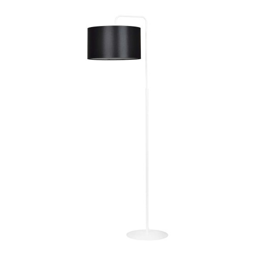 Biała lampa podłogowa z czarny abażurem w kształcie walca.