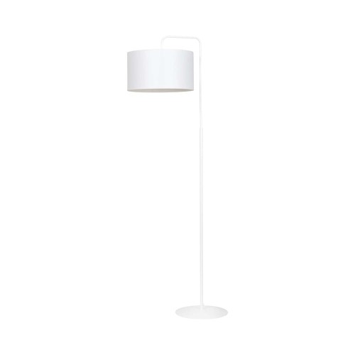 Biała lampa podłogowa z białym abażurem.