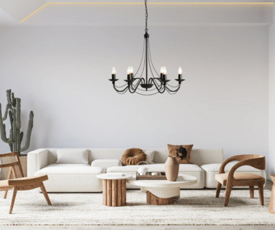 Czarny żyrandol świecznikowy na 6 żarówek.