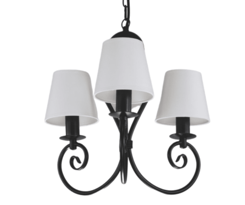 Mały czarny żyrandol z 3 białymi abażurkami.