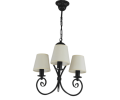Żyrandol trójramienny czarny z abażurkami w kolorze ecru.