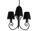 Czarny żyrandol na 3 żarówki z małymi czarnymi abażurkami.