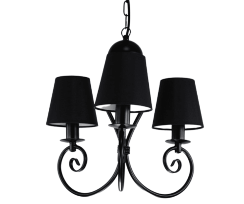 Czarny żyrandol na 3 żarówki z małymi czarnymi abażurkami.