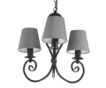 Mały czarny żyrandol na trzy żarówki z szarymi abażurkami.