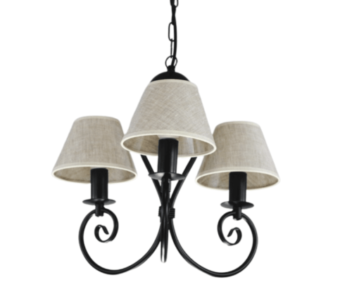 Mały czarny żyrandol z abażurkami o kolorze i strukturze lnu.