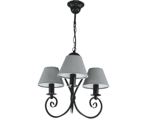 Czarny żyrandol z szarymi abażurkami na 3 żarówki.