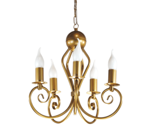 Żyrandol na 5 żarówek świecznikowych w kolorze złotym matowym.