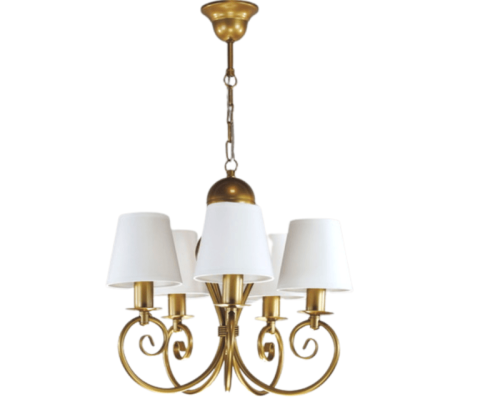 Złoty żyrandol z białymi abażurkami na 5 żarówek.