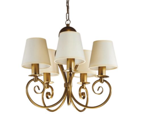 Mały złoty żyrandol z abażurkami do sypialni.