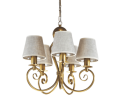 Żyrandol złoty 5 ramienny z abażurkami w kolorze naturalnego lnu.