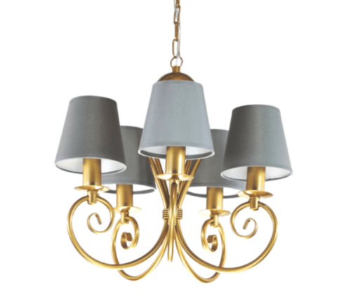 Złoty żyrandol pięcioramienny z szarymi abażurkami.