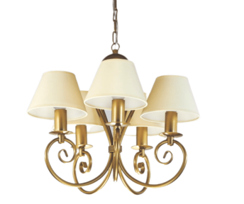 Żyrandol złoty z kremowymi abażurkami na 5 żarówek.