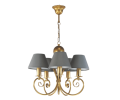 Żyrandol złoty z szarymi abażurami na 5 żarówek.
