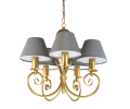 Złoty żyrandol na 5 żarówek z szarymi abażurami.