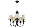 Czarny żyrandol pięcioramienny z jasnobeżowymi abażurami.