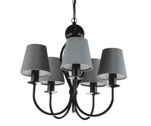 Żyrandol czarny na 5 żarówek z szarymi abażurkami.
