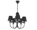 Czarny żyrandol z czarnymi abażurami.