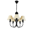 Czarny żyrandol na 5 żarówek z abażurkami jasnobeżowymi.
