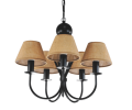 Czarny żyrandol z abażurkami z naturalnej juty.