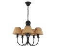 Czarny żyrandol na 5 żarówek z abażurami z juty.
