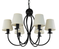 Żyrandol czarny na sześć żarówek z abażurkami w kolorze ecru.