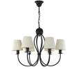 Czarny klasyczny żyrandol na 6 żarówek z kremowymi abażurami.