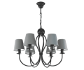 Czarny żyrandol sześcioramienny z szarymi abażurkami.