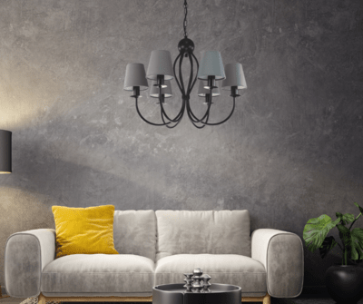 Żyrandol czarny klasyczny z abażurami szarymi.