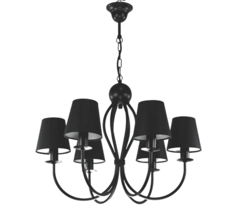 Czarny żyrandol z czarnymi klosikami.