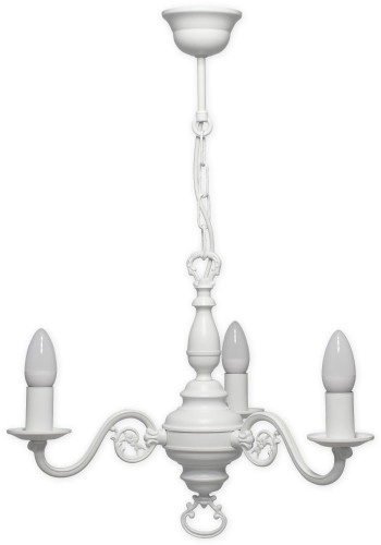 Biały żyrandol klasyczny świecznikowy z ozdobnymi ramionami.