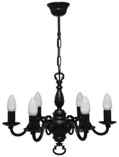 Klasyczny czarny żyrandol na żarówki typu płomyk. Ramiona ozdobne.