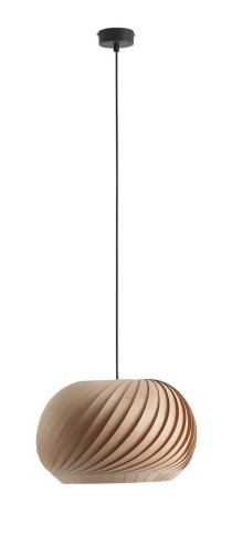 Zwis pojedynczy lampa z kloszem z naturalnego drewna.