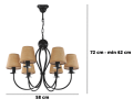 czarny żyrandol na 6 żarówek z abażurkami w kolorze naturalnym.
