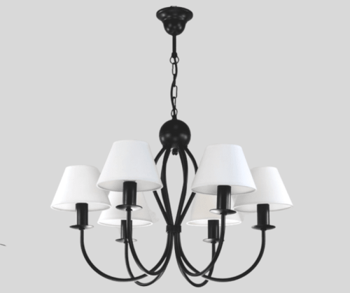 Czarny żyrandol z 6 białymi abażurkami.