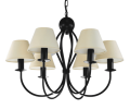 Sześcioramienny czarny żyrandol z kremowymi abażurkami.
