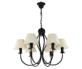 Elegancki i klasyczny czarny żyrandol z abażurami w kolorze ecru.