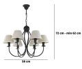 Żyrandol do salonu w kolorze czarnym z klosikami z materiału o kolorze i strukturze naturalnego lnu.