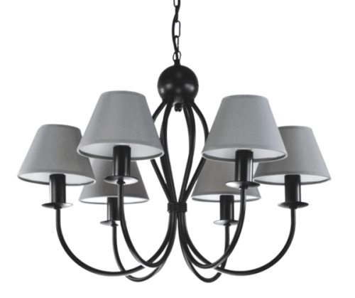 Czarny żyrandol z 6 klosikami z szarego materiału.