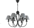 Klasyczny czarny żyrandol z szarymi abażurami.