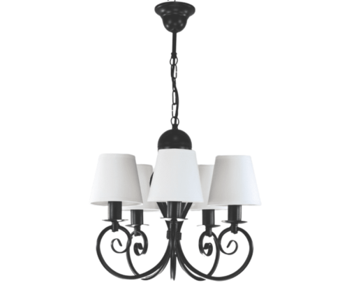 Klasyczny czarny, nieduży żyrandol pięcioramienny z białymi abażurkami.