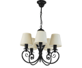 Klasyczny czarny żyrandol pięcioramienny z abażurkami w kolorze jasnobeżowym.