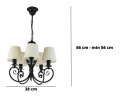Klasyczny czarny żyrandol z klosikami z materiału w kolorze jasnobeżowym.