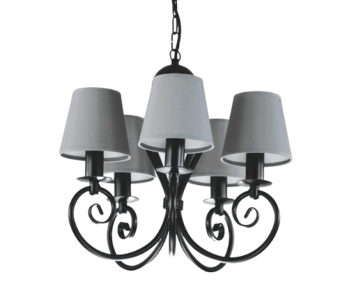 Czarny klasyczny żyrandol z szarymi klosikami.