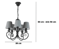 Lampa-żyrandol czarny na 5 żarówek z szarymi abażurami.