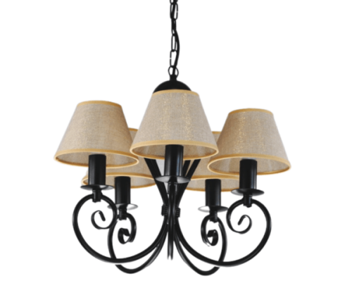 Czarny klasyczny żyrandol z abażurkami delikatnie złoconymi.