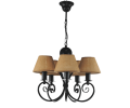 Czarny żyrandol pięcioramienny z abażurami w kolorze eko - naturalnym.