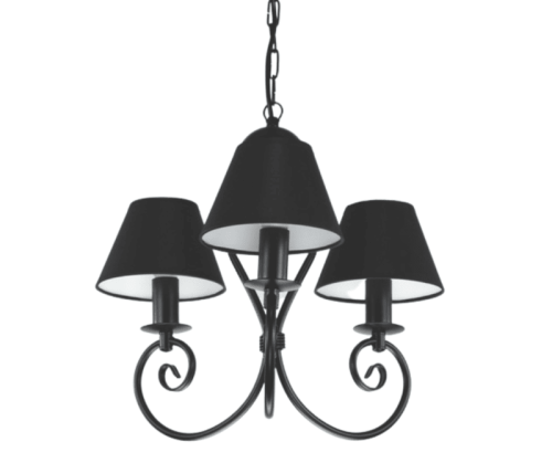 Klasyczny czarny żyrandol do małego pokoju z abażurkami.