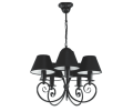 Czarny klasyczny żyrandol z czarnymi abażurami.
